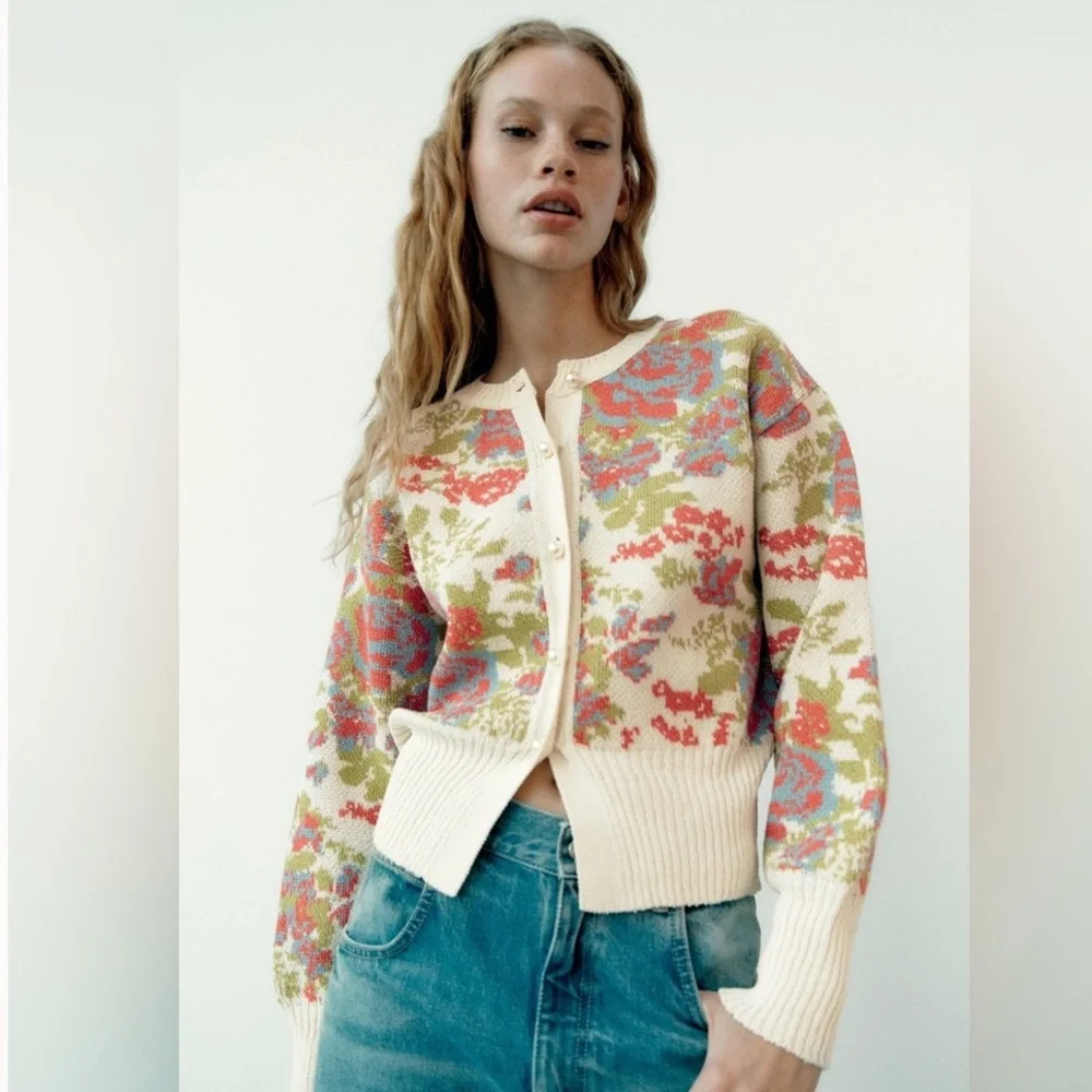 🩵 Zara PEARL BUTTON FLORAL KNIT JACQUARD Cardigan Multi Color Long Sleeve - Picture 1 of 8